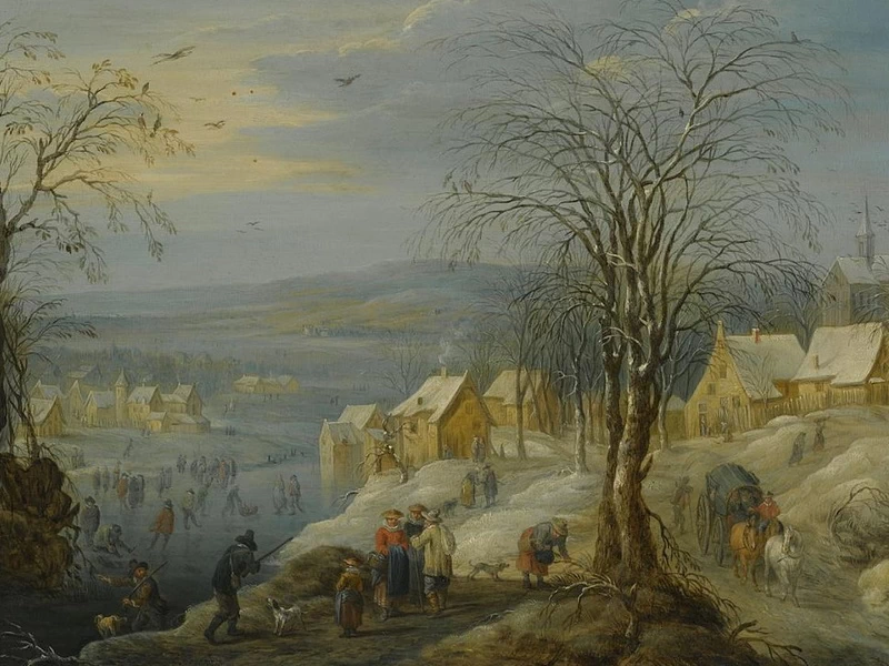 1706-Carel Beschey - Un paesaggio invernale con cacciatori e pattinatori